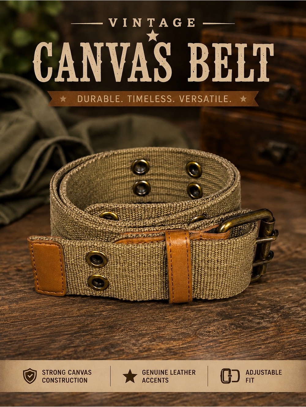 Vintage Women’s Canvas Belt | Tan Belt | Leather Trim